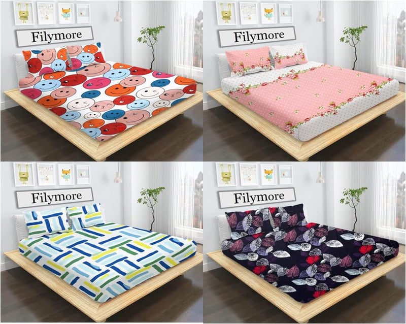 Filymore Floral and Cartoon Printed Double Bedsheet Set - Combo of 4, Pure Microfiber (90x90 inches, White,Pink,Black, Multi) - Soft, Durable, and Hypoallergenic Bedding for Kids and Adults - Image 1