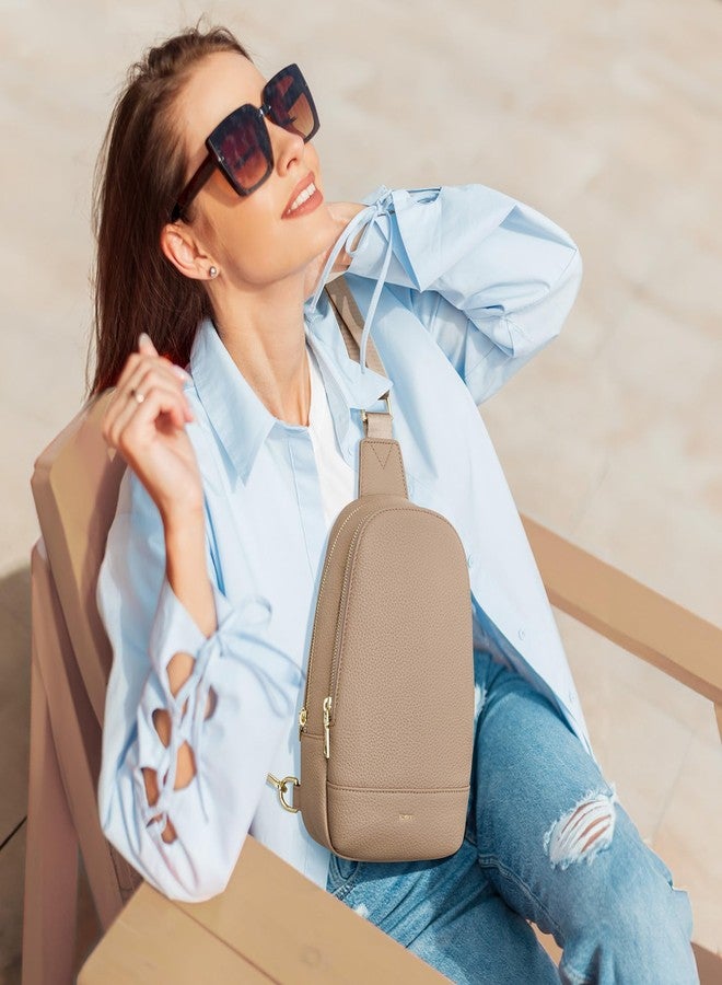 Kattee Leather Sling Bag for Women Multi compartment Crossbody bag Soft Chest Bag Fanny Packs Waist Bag (Apricot) - Image 2
