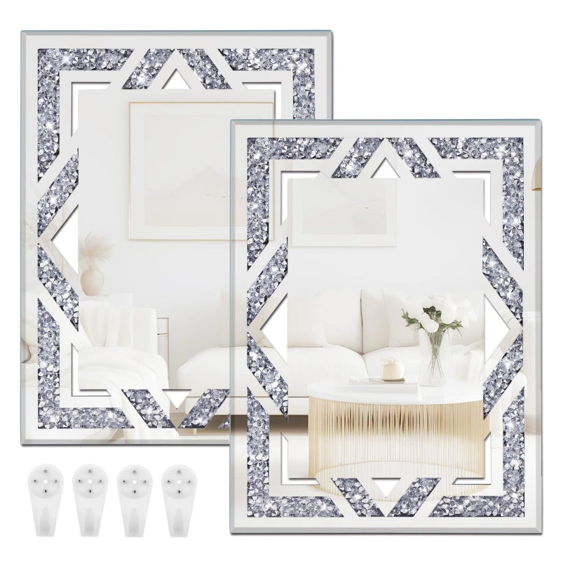 2 Piece Rectangular Hollow Crushed Diamond Decorative Mirror Silver Crushed Diamond Mirror Decor Wall for Living Room Bedroom Bathroom 11x15