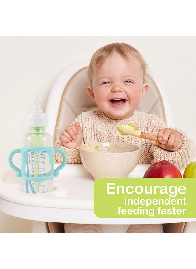 Bebiland 3 Pack Baby Silicone Feeding Bottle Sleeve with Easy Grip Handles White Pink and Blue  - Image 5