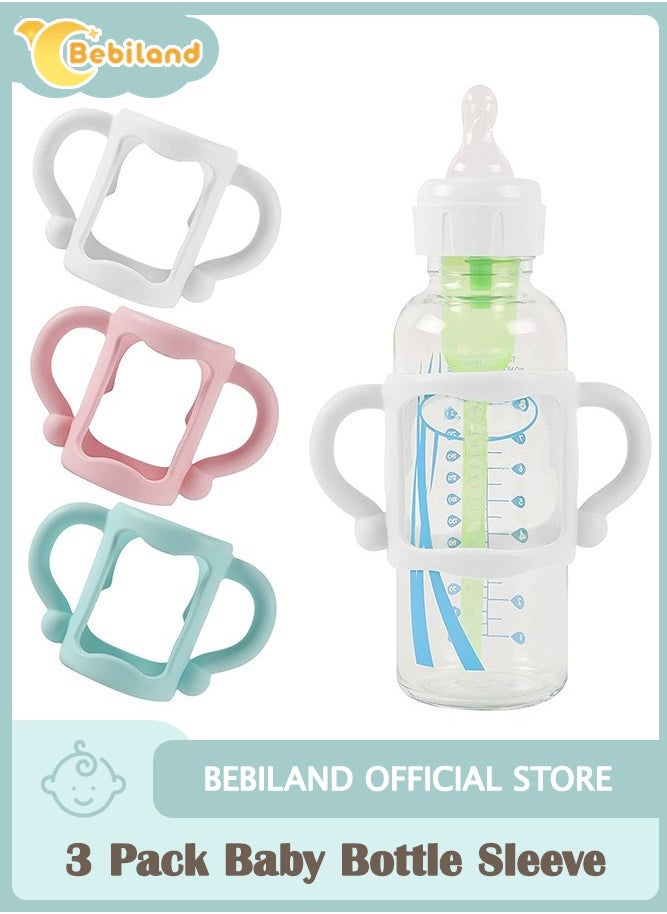 Bebiland 3 Pack Baby Silicone Feeding Bottle Sleeve with Easy Grip Handles White Pink and Blue  - Image 1