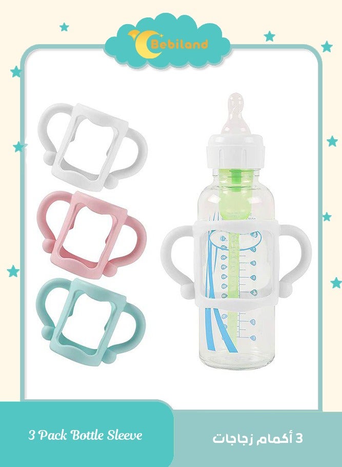 Bebiland 3 Pack Baby Silicone Feeding Bottle Sleeve with Easy Grip Handles White Pink and Blue - Image 1