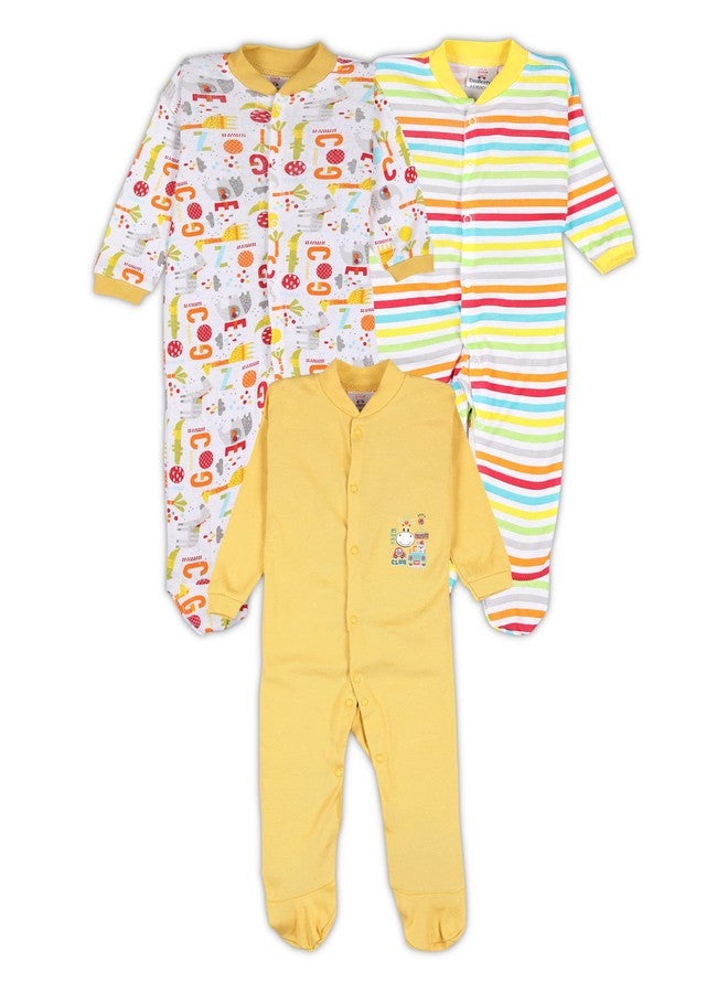 TiniBerry 100% Cotton Rompers/Sleepsuits/Jumpsuit/Night Suits for New-Born Baby Boys & Girls Pack of 3 (0-3 Months, Yellow) - Image 1