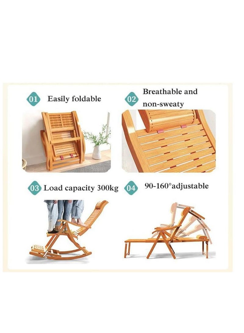 Golden Bamboo Reclining Chair,Folding Rocking Chair with Adjustable Backrest, Lounge Chair with Massage Footrest，Ergonomic Curve Headrest，for Balcony, Garden ，Beach (Wood,With Massage Footrest) - Image 4