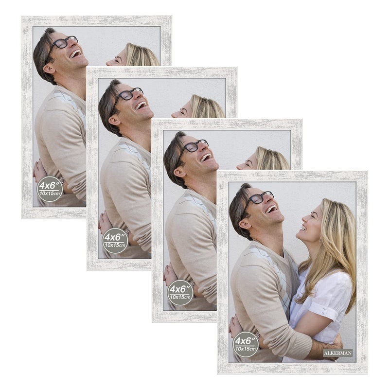 Alkerman Alkerman 4x6 Picture Frames Rustic Distressed White Wood Pattern High Definition Glass for Table Top Display and Wall Mounting Photo FramePack of 4
