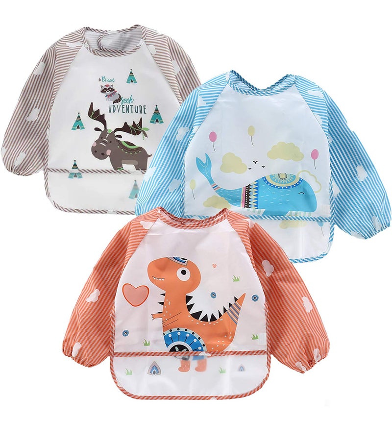 PandaEar 3 Pack Long Sleeve Bibs| Waterproof Full Sleeve Bib for Baby Infant Toddler 6-36 Months (Animal)