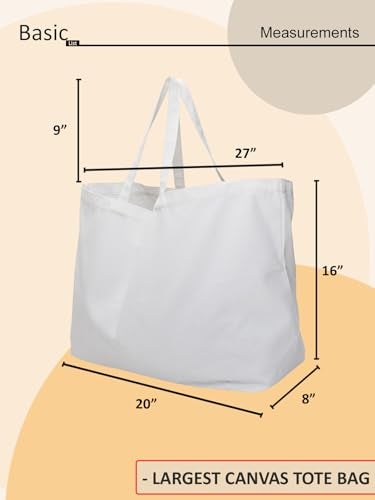 BasicList Extra Large Canvas Tote Bag - Big Largest Reusable Grocery,White - Image 2
