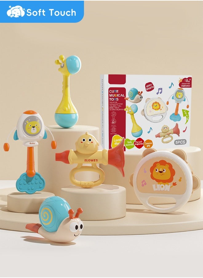 Soft Touch 5PCS Baby Rattles Set with Gift Box Infant Cartoon Rattles Teether Toy Grab Shaker and Spin Rattle Baby Chew Toys Baby Teething Toys Musical Toys for 18 Months Newborn Infant Baby New Born Baby Gifts  - Image 1