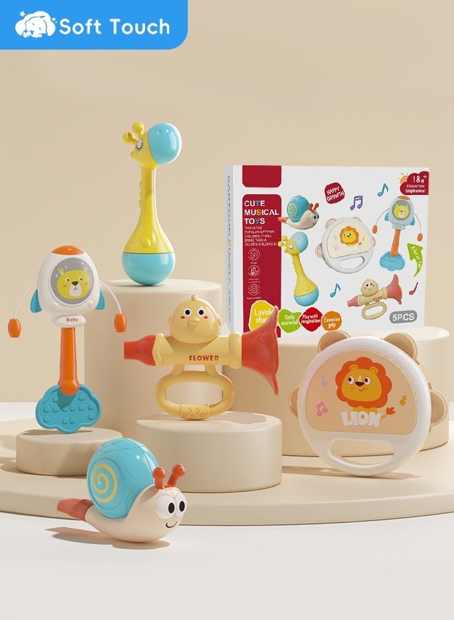 Soft Touch 5PCS Baby Rattles Set with Gift Box Infant Cartoon Rattles Teether Toy Grab Shaker and Spin Rattle Baby Chew Toys Baby Teething Toys Musical Toys for 18 Months Newborn Infant Baby New Born Baby Gifts - Image 1