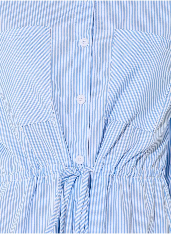 Styli Striped Waist Tie Detail Shirt Midi Dress