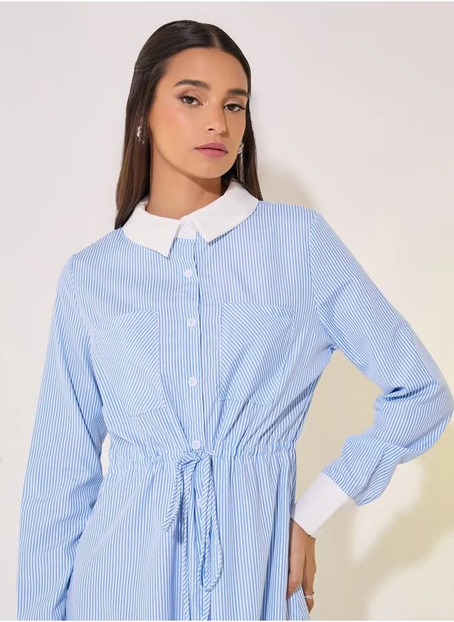 Styli Striped Waist Tie Detail Shirt Midi Dress