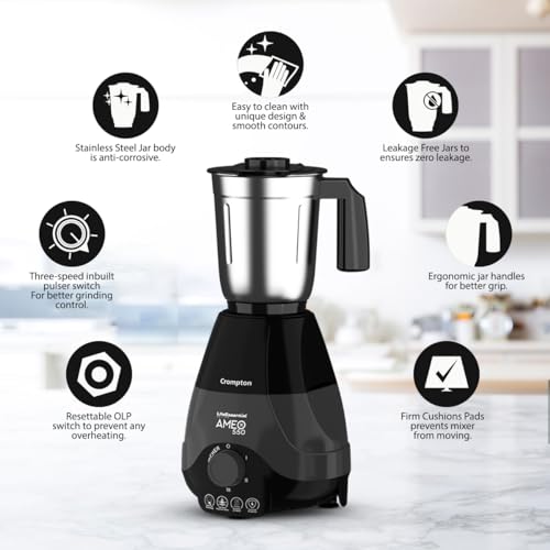 Crompton Ameo 550-Watt Mixer Grinder with MaxiGrind and Motor Vent-X Technology (4 Stainless Steel Jars, Black & BLue) - Image 3