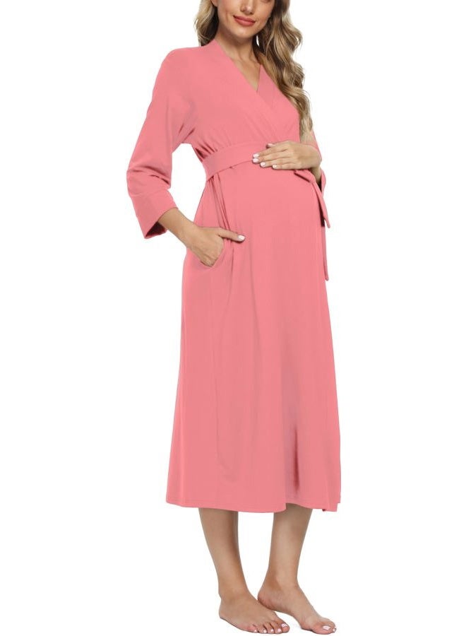 Xpenyo Women's Maternity Sleepwear,Labor/Delivery/Nursing/Hospital Nightgown Kimono Robes Long Pregnancy Loungewear, Pink Red, L - Image 3