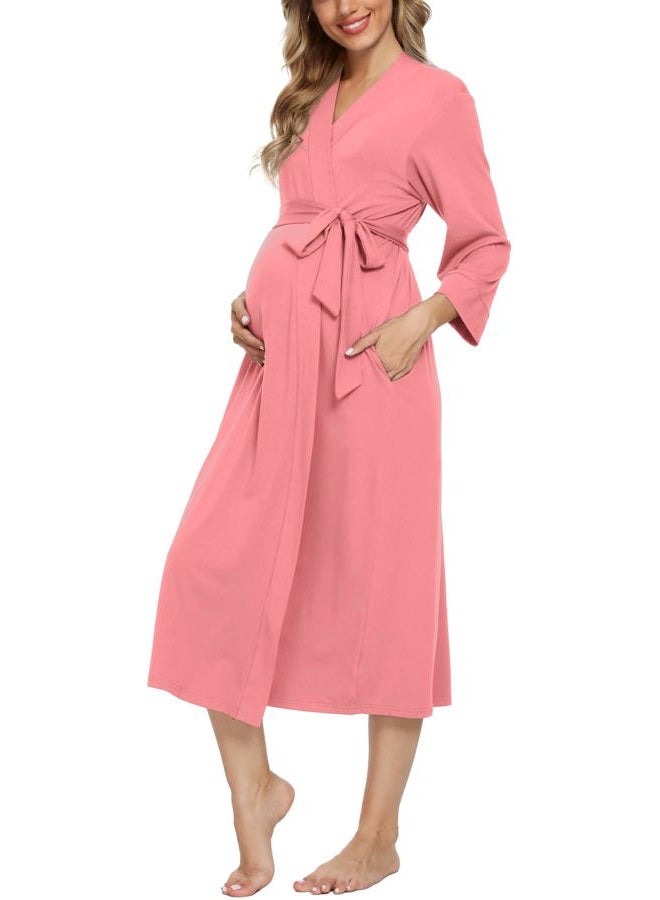 Xpenyo Women's Maternity Sleepwear,Labor/Delivery/Nursing/Hospital Nightgown Kimono Robes Long Pregnancy Loungewear, Pink Red, L - Image 1