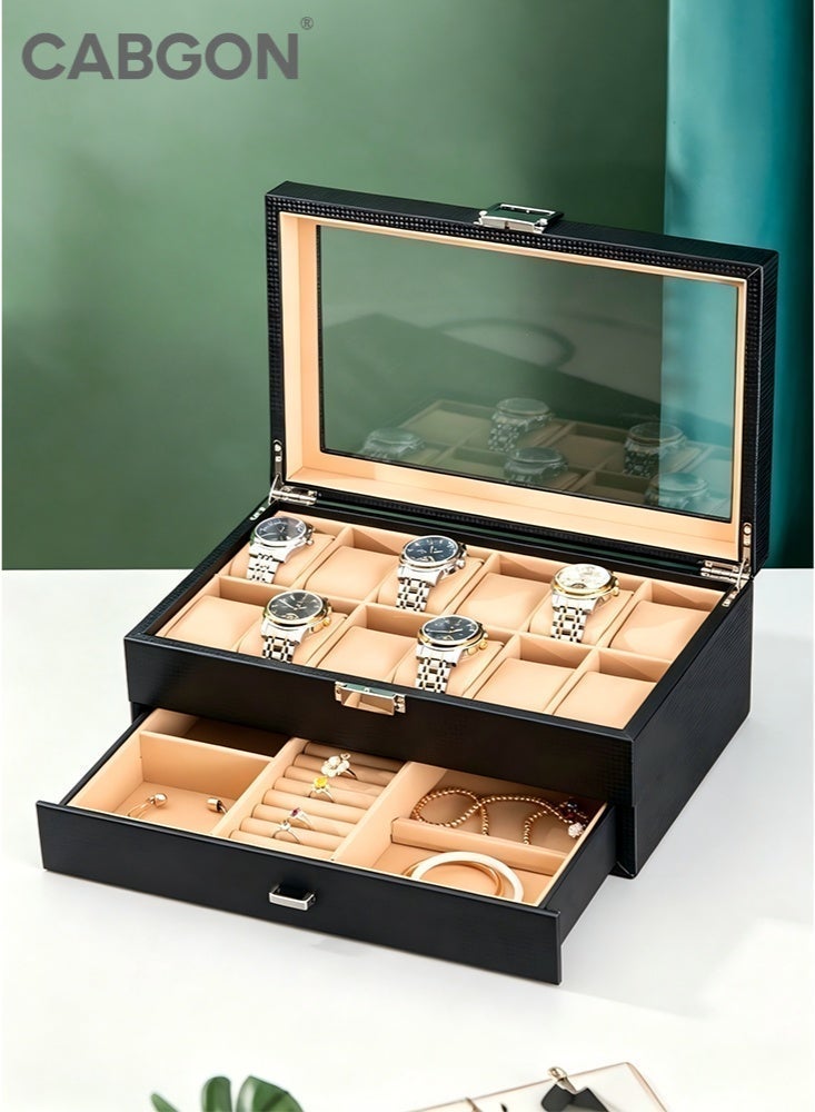 CABGON 12-Slot Double Layer Luxury Watch Box Organizer for Men, Premium  PU Leather Watch Storage Box with Glass Lid & Jewelry Drawer - Image 1