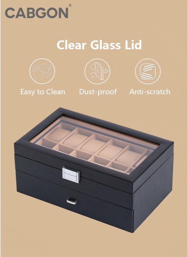 CABGON 12-Slot Double Layer Luxury Watch Box Organizer for Men, Premium  PU Leather Watch Storage Box with Glass Lid & Jewelry Drawer - Image 3