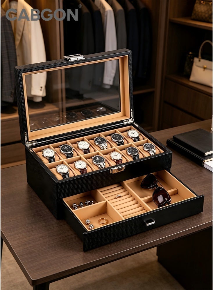 CABGON 12-Slot Double Layer Luxury Watch Box Organizer for Men, Premium  PU Leather Watch Storage Box with Glass Lid & Jewelry Drawer - Image 2