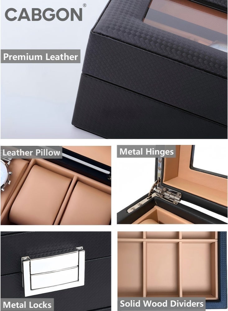 CABGON 12-Slot Double Layer Luxury Watch Box Organizer for Men, Premium  PU Leather Watch Storage Box with Glass Lid & Jewelry Drawer - Image 4