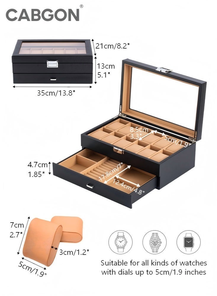 CABGON 12-Slot Double Layer Luxury Watch Box Organizer for Men, Premium  PU Leather Watch Storage Box with Glass Lid & Jewelry Drawer - Image 5
