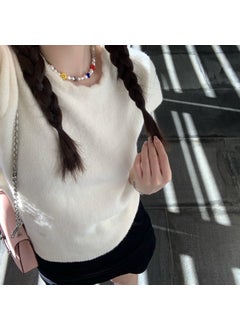 Lace Collar Knit Wool Short Sleeve Womens Tee White