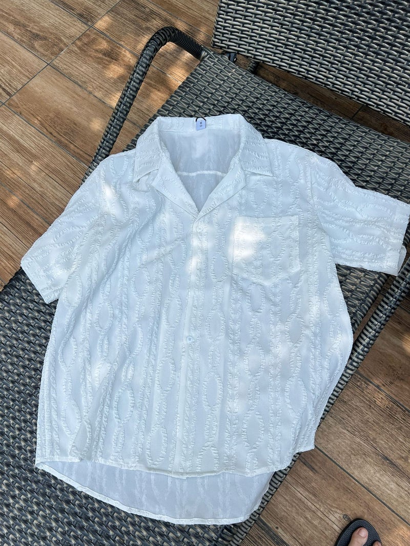 Cuban Collar Short Sleeve Shirt Men Summer Jacquard Textured Casual Loose Fit - Image 3
