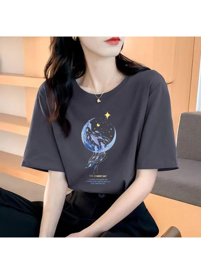 Song Feng Ya Loose Cotton Short-sleeved T-shirt Women's Summer New Style Beautiful Top Design Sense Printed Sweatshirt Women's Round Neck Spring And Autumn 
