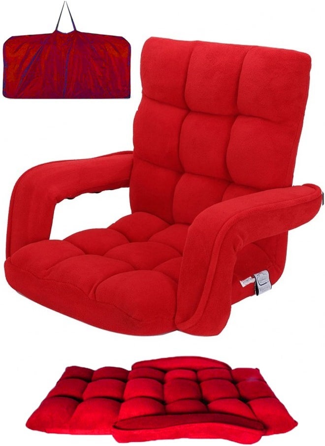 Cady One - Floor chair with arms for camping and trips, sponge padded with velvet quality, with an adjustable back, red - Image 1