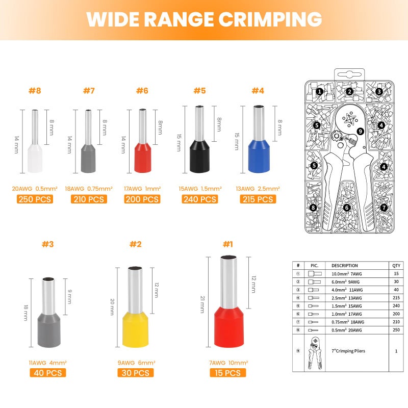 HARDELL+ Ferrule Crimping Tool, AWG 23-7 Wire Crimper with Self-adjustable Ratchet, Square Wire Ferrule Kit Suitable for Various DIY, Household - Image 5