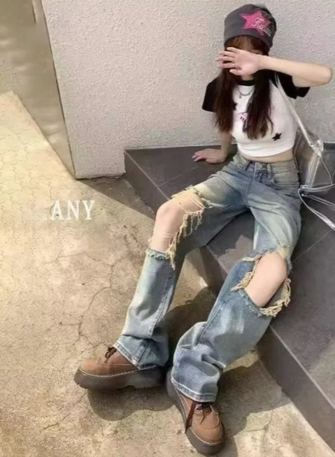 يونيكي Blue Wide Leg High-Rise Highly Distressed Heavy Fade Jeans