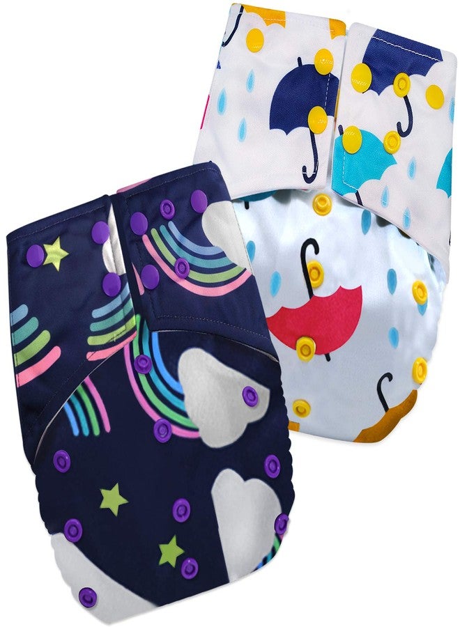 Bembika Cloth Diapers for Babies, Washable Reusable, Adjustable Sizes (2 Combo) (No Inserts Included)(Cloud Rainbow + Umbrella Doddle) - Image 1