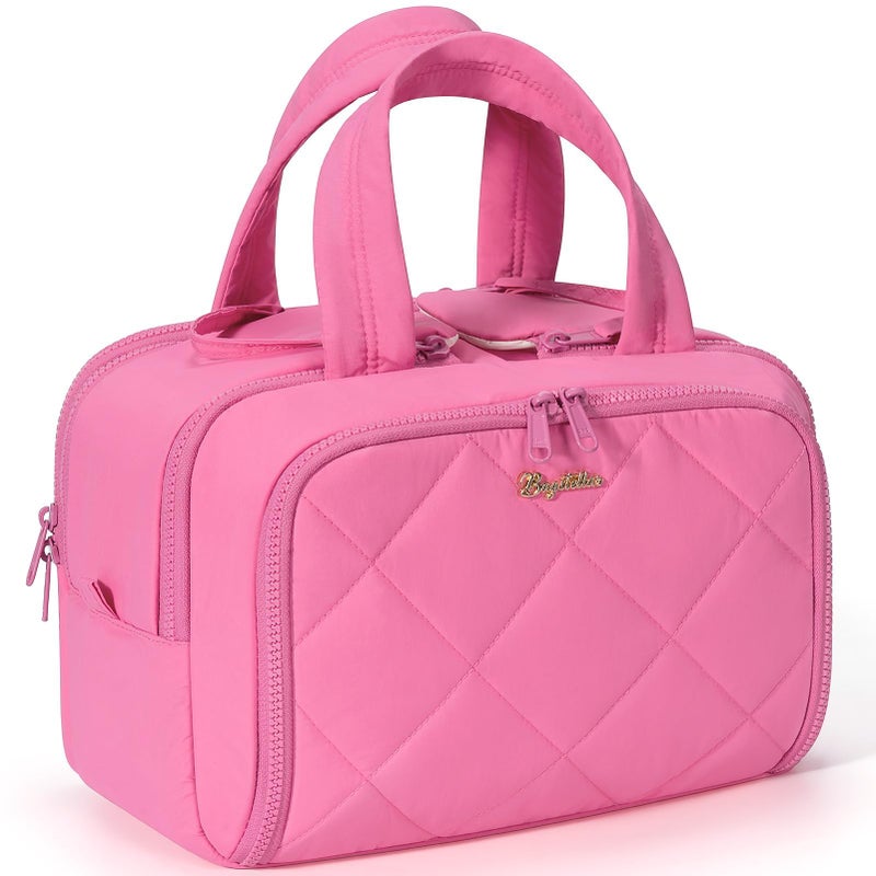 Bagstellar Travel Toiletry Bag, Large Wide-open Puffy Toiletry Bag for Women, Lightweight Quilted Makeup Bag Cosmetic Organizer with Handle Water-resistant Travel Essentials for Toiletries Accessories Rose Pink - Image 1