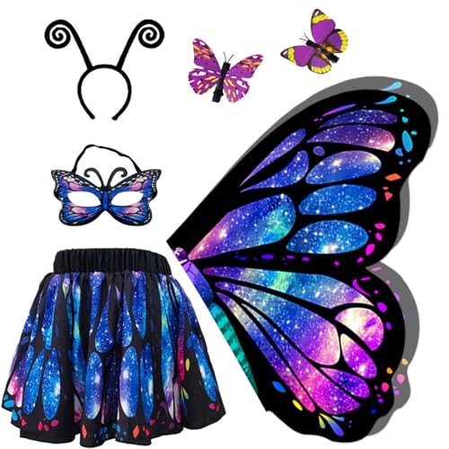 Jackcell Butterfly Wings Costumes for Girls Double Sided Butterfly Cape Halloween Costume with Fairy Skirt for kids Fairy Wings Dress Up Cosplay Party Festival Set SkyBlue - Image 1