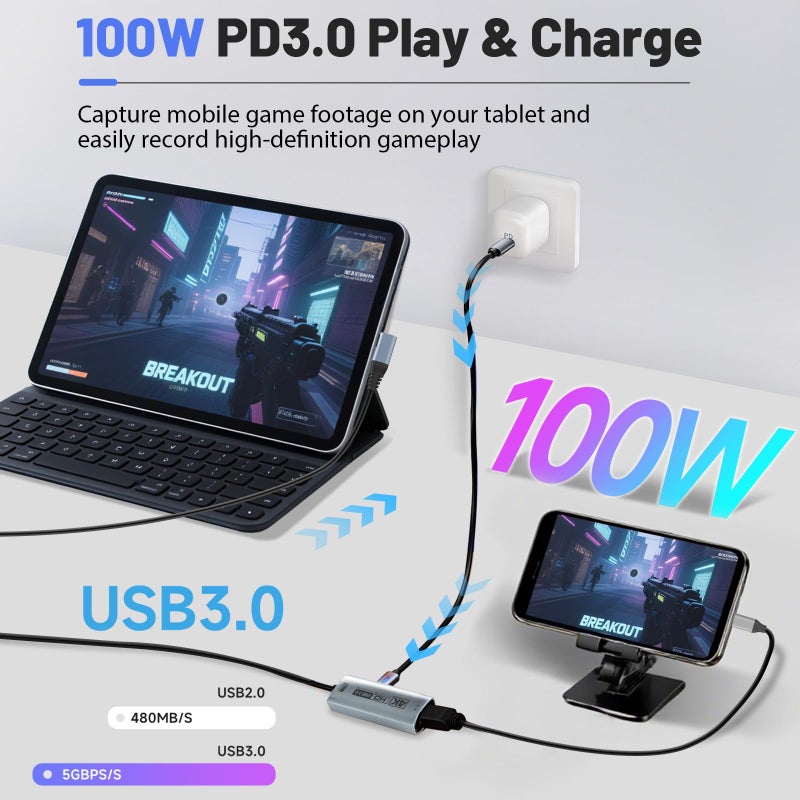 Guermok 4K USB3.0 HDMI Capture Card for Streaming, PD100W, 90Â° USBC, 3.3ft 4K@60FPS 1080P@240FPS HDMI to USB A/C Video Capture Devices for Pad/Tablet/MacOS /Switch2/1/ Camera/PC/Laptop - Image 4