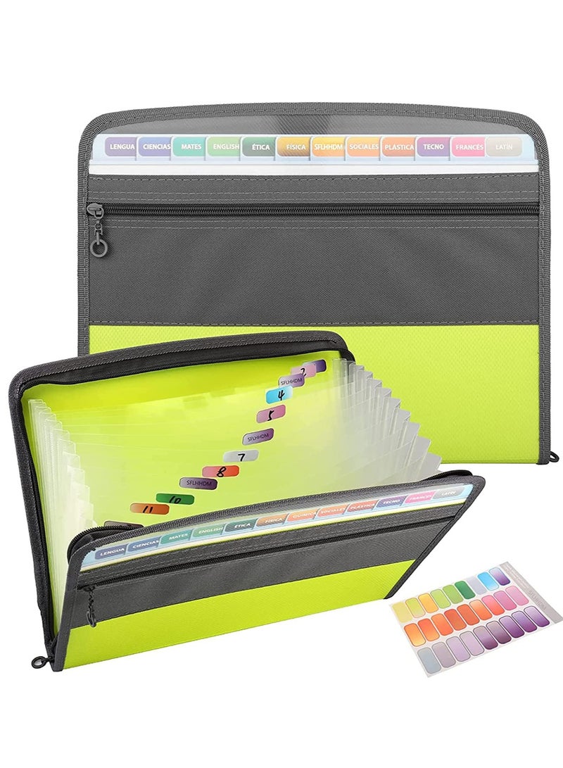 Expanding File Folder, Accordion Zip Folders with Zipper Closure Document Organizer, A4 Size, with Sticky Labels 13 Pocket (Green) - Image 1