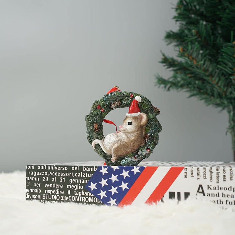 HYFAN Christmas Small Animal Wreath Swing Ornament Hanging Decor for Xmas Tree Home Office Room Decoration with String (New  Mouse) - Image 3