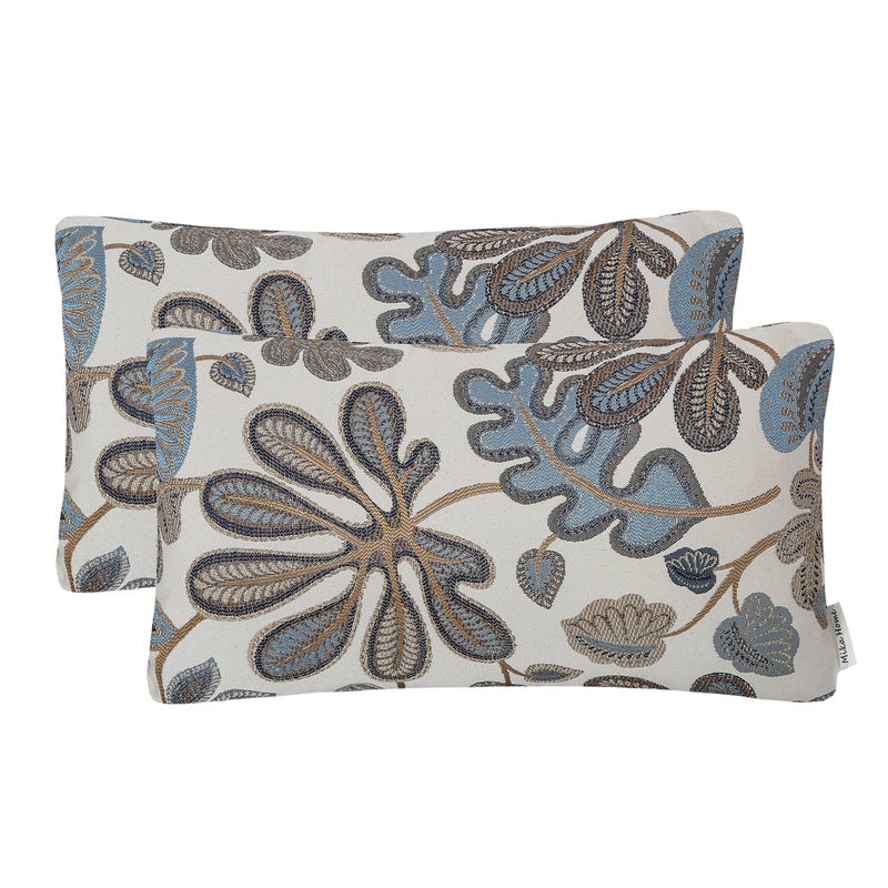 Mika Home Set of 2 Jacquard Tropical Leaf Pattern Oblong Throw Pillow Covers Accent Pillowcase 12X20 InchesBlue Cream