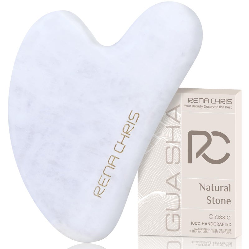 Rena Chris Gua Sha Facial Tools Natural Jade Stone Guasha Tool for Face Acupuncture Therapy Facial Massager for Jawline Sculpting and Puffiness Reducing White