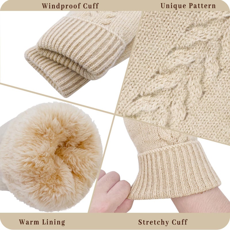 HOPSOOKEN Winter Mittens Gloves for Women Warm Thermal Fleece Thick Knit Soft Cozy Wool Snow Mittens for Cold Weather Gifts(Beige) - Image 3