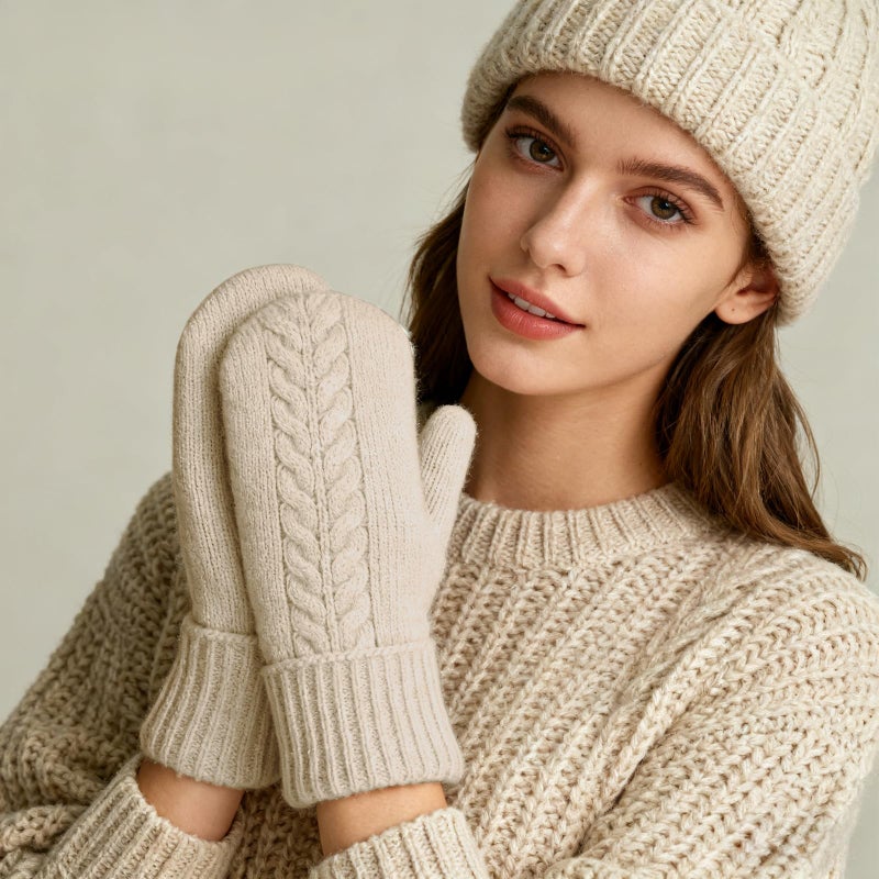 HOPSOOKEN Winter Mittens Gloves for Women Warm Thermal Fleece Thick Knit Soft Cozy Wool Snow Mittens for Cold Weather Gifts(Beige) - Image 4