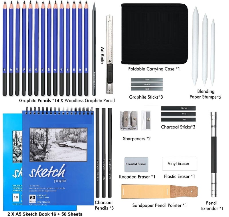 Corslet 36 Pc Drawing Pencils Shading Pencils Set Drawing Kit Sketching Kit Sketch Pencil Set for Artists Charcoal Pencils for Artists Pencils for Artist Kit Graphite Pencil Set A5 Sketchbook 50 Sheet - Image 2