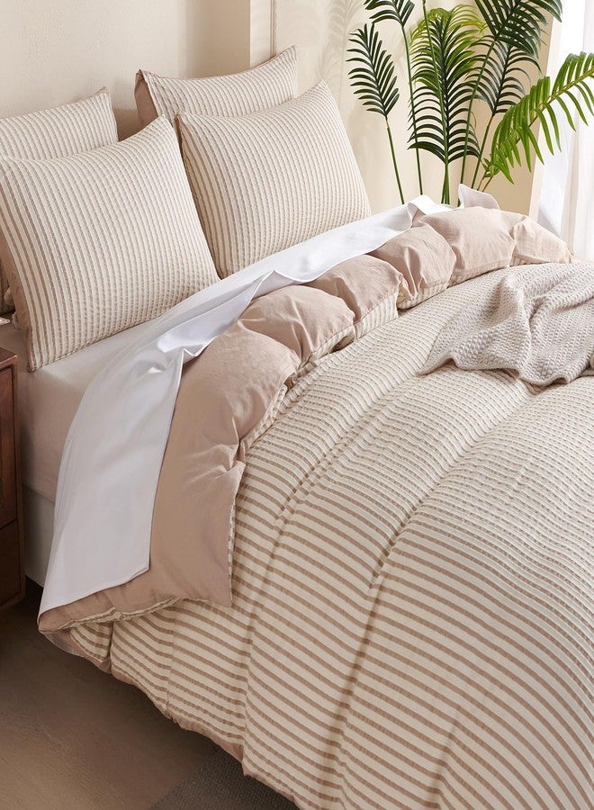 BUPIRD Duvet Cover King Striped Beige, 100% Washed Microfiber Jacquard 3 Pieces Beige King Striped Bedding Sets, with Zipper Closure & Corner Ties, Lightweight Soft Comfort Breathable (No Comforter) - Image 4