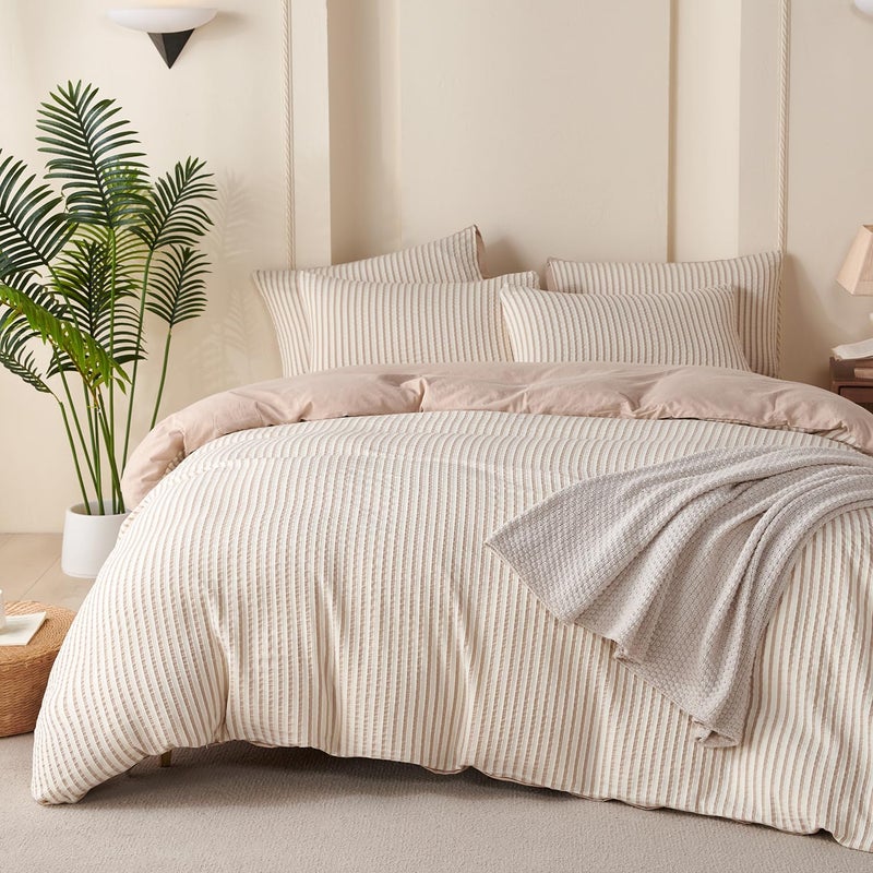 BUPIRD Duvet Cover King Striped Beige, 100% Washed Microfiber Jacquard 3 Pieces Beige King Striped Bedding Sets, with Zipper Closure & Corner Ties, Lightweight Soft Comfort Breathable (No Comforter) - Image 1