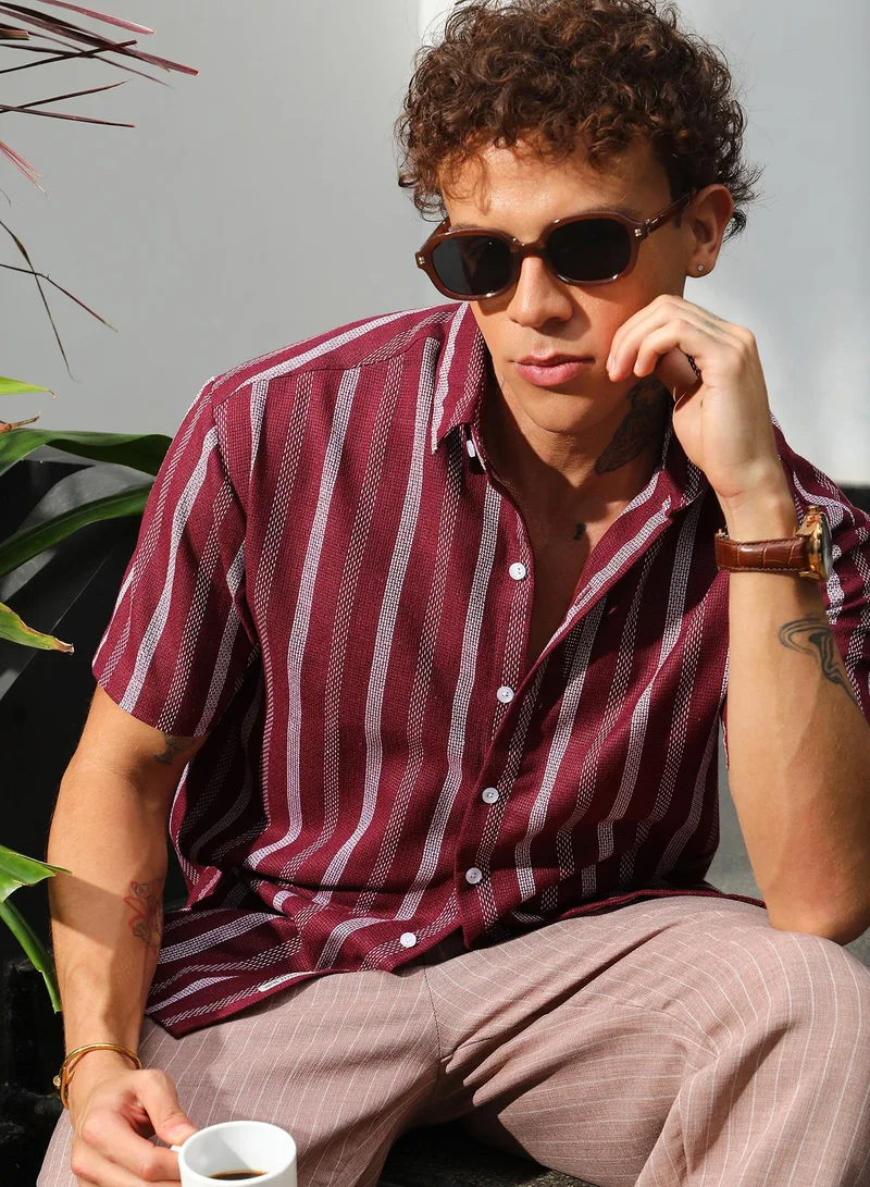 Campus Sutra Men's Maroon Red Pencil Striped Shirt For Casual Wear | Spread Collar | Short Sleeve | Button Closure | Shirt Crafted With Comfort Fit For Everyday Wear