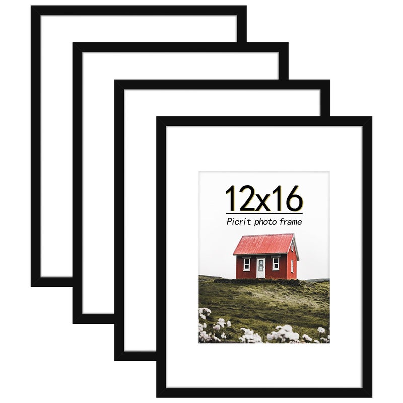 Picrit 12x16 Picture Frame Set of 4 Made of High Definition Real Glass Display 85x11 with Mat or 12x16 Without Mat Photo Frames for Wall Mounting Display Black