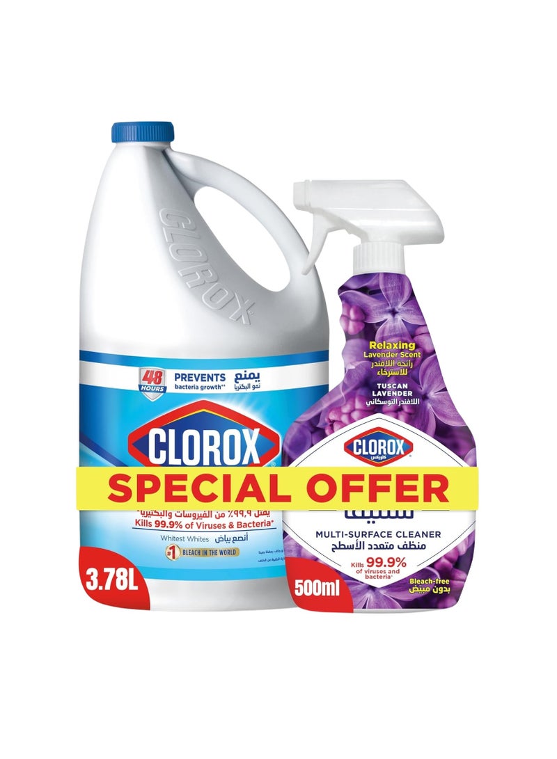 Clorox Bleach Liquid Original Scent And  Scentiva Spray Cleaner Tuscan Lavender 3.78L + 500ml - Image 1