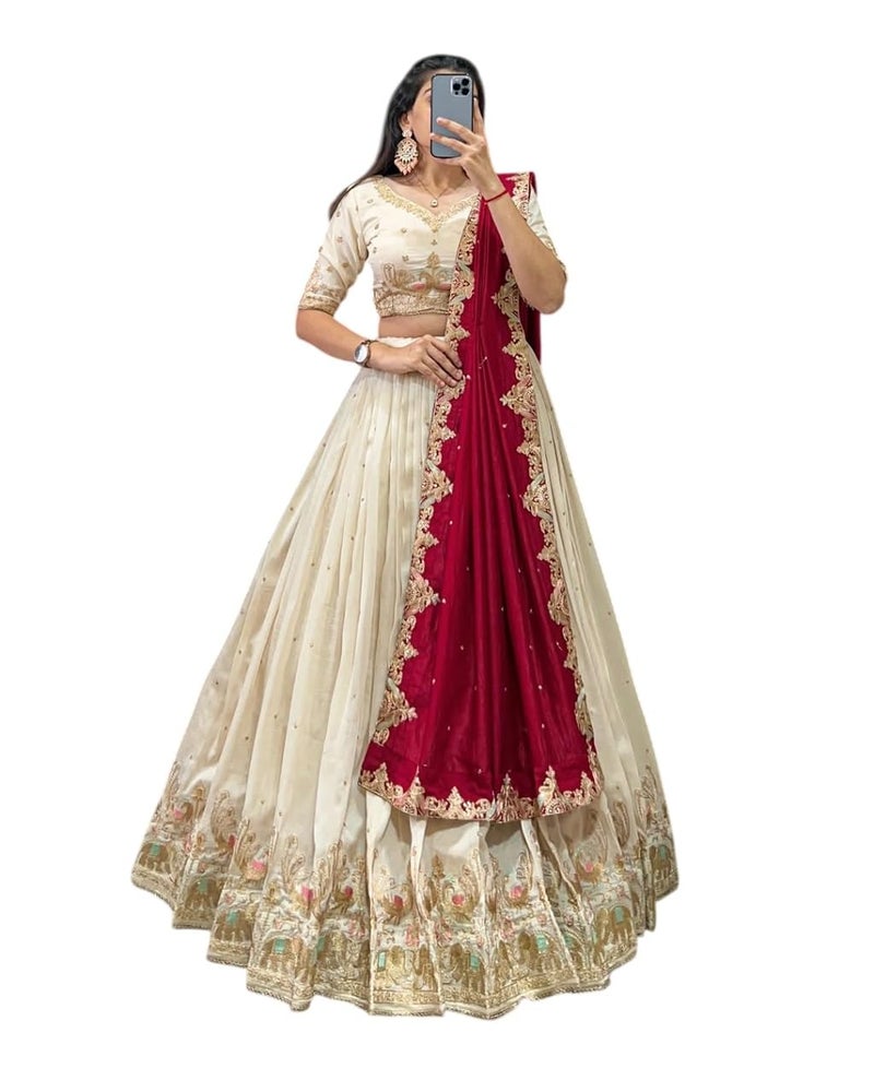 A To Z Cart Women's Vichitra Embroidered Semi-Stitched Lehenga Choli (Sonpari LH White) - Image 1