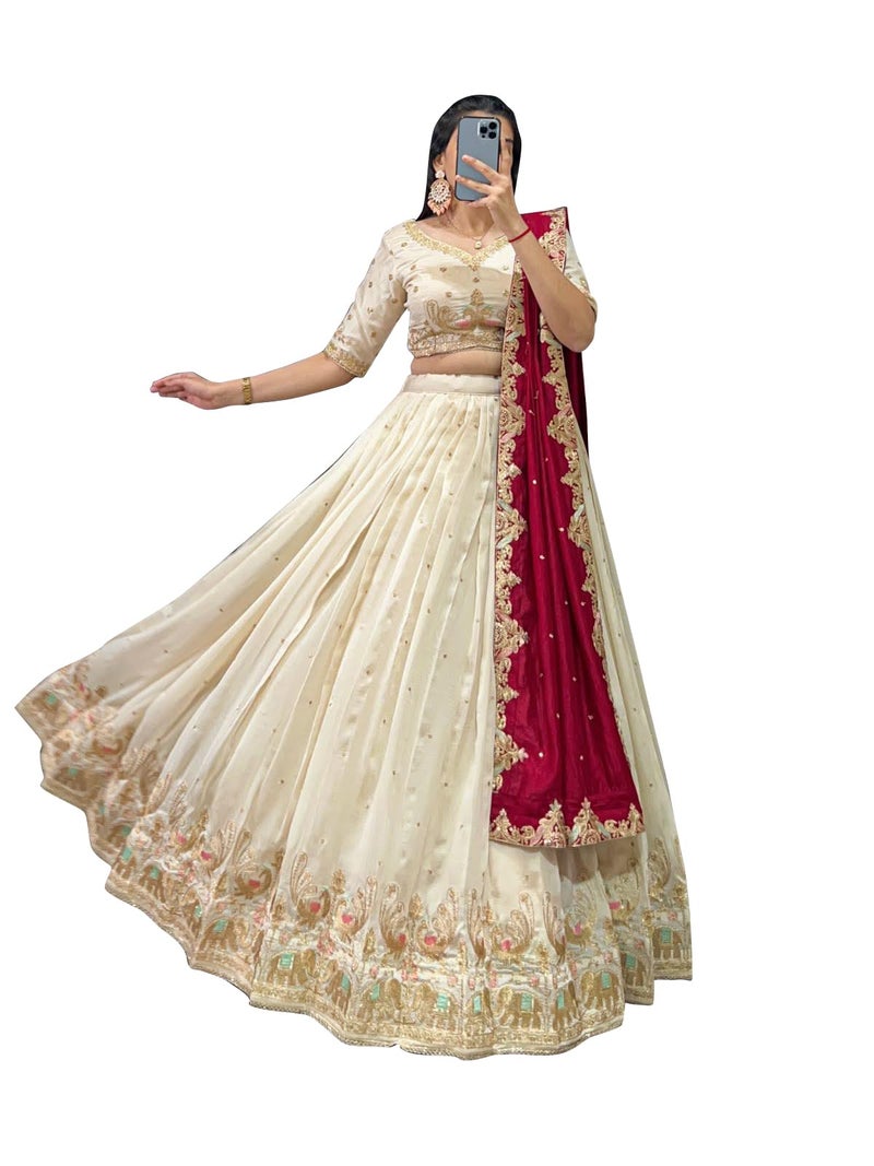 A To Z Cart Women's Vichitra Embroidered Semi-Stitched Lehenga Choli (Sonpari LH White) - Image 5