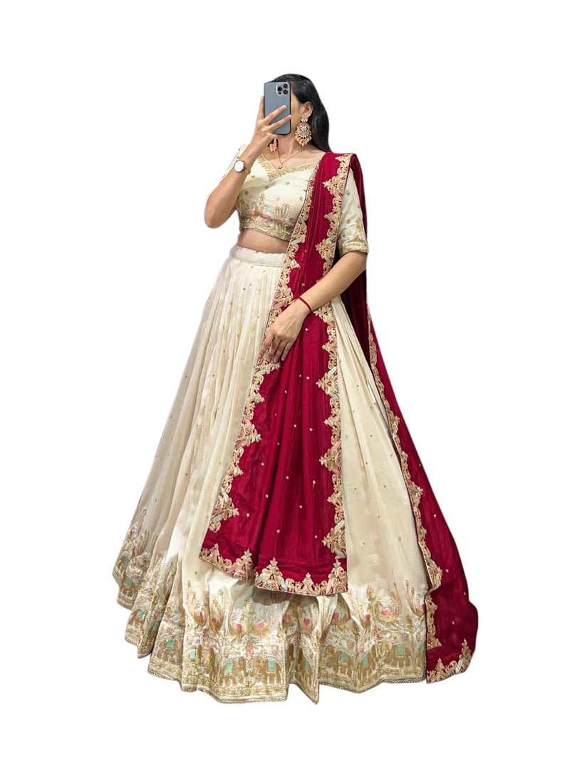 A To Z Cart Women's Vichitra Embroidered Semi-Stitched Lehenga Choli (Sonpari LH White) - Image 3