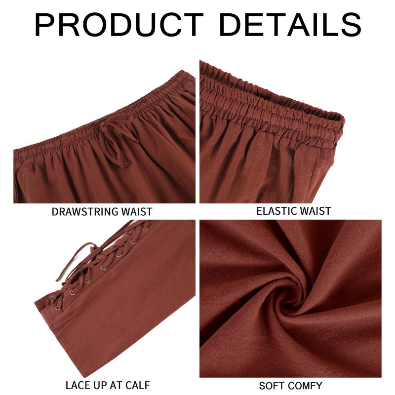 Runcati Mens Medieval Ankle Pants Viking Pirate Renaissance Costume Lace Up Tapered Banded Navigator Casual Trousers (X-Large, 01 Brown) - Image 5
