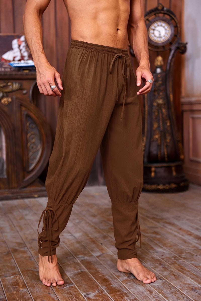Runcati Mens Medieval Ankle Pants Viking Pirate Renaissance Costume Lace Up Tapered Banded Navigator Casual Trousers (X-Large, 01 Brown) - Image 3